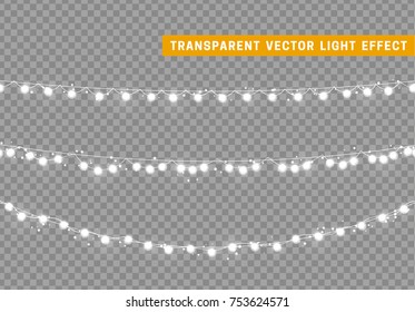 Christmas lights isolated realistic design elements. Xmas glowing lights. Garlands, Christmas decorations.