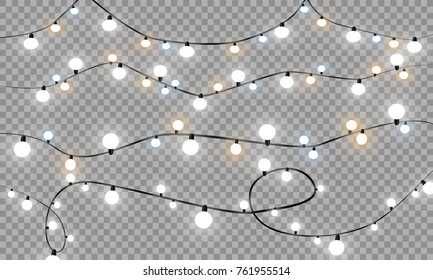 Christmas lights isolated realistic design elements. Glowing lights for Xmas Holiday greeting card design. Garlands, Christmas decorations.