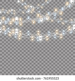 Christmas lights isolated realistic design elements. Glowing lights for Xmas Holiday greeting card design. Garlands, Christmas decorations.