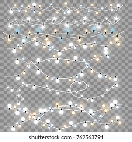 Christmas lights isolated realistic design elements. Glowing lights for Xmas Holiday greeting card design. Garlands, Christmas decorations.