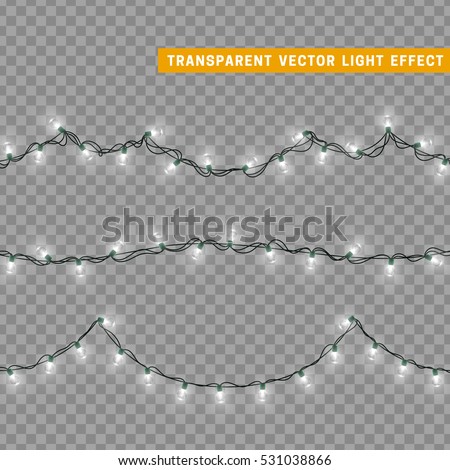 Christmas lights isolated realistic design elements. Glowing lights for Xmas Holiday greeting card design. Garlands decorations. Led neon lamp