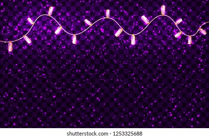 Christmas lights isolated realistic on transparent background. Glowing design elements. Xmas glowing lights bulbs. Garlands, Christmas decorations.