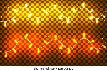 Christmas lights isolated realistic on transparent background. Glowing design elements. Xmas glowing lights bulbs. Garlands, Christmas decorations.