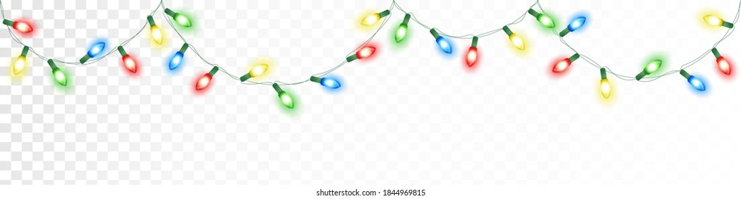 Christmas lights, isolated seamless vector decoration. Good for white, dark or colored background. Holiday border, lamps frame. Winter season illuminated garland. For New Year banners, party posters.