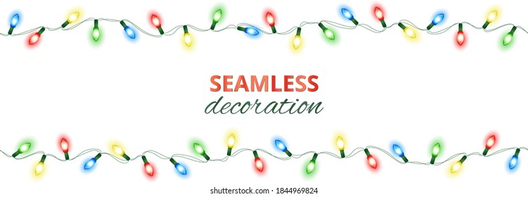 Christmas lights, isolated seamless vector decoration. Good for white, dark or colored background. Holiday border, lamps frame. Winter season illuminated garland. For New Year banners, party posters.