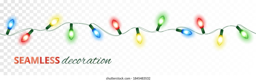 Christmas lights, isolated seamless vector decoration. Good for white, dark or colored background. Holiday border, lamps frame. Winter season illuminated garland. For New Year banners, party posters.