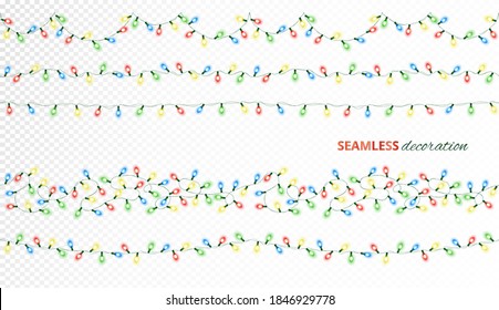 Christmas lights, isolated seamless vector decoration. Good for white, dark or colored background. Holiday border, lamps frame. Winter season illuminated garland. For New Year banners, party posters.