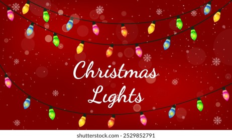 Christmas lights with LED lights hanging on red background. Flat illustration for greeting cards and other graphic designs.