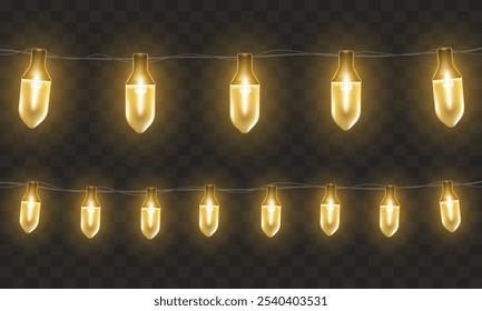 Christmas lights. Light bulbs. Christmas String Lights. Vector clipart isolated on a transparent background.