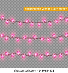 Christmas lights in lilac color heart shape. Decorations design element Christmas glowing lights. Decorative Xmas realistic objects. Holiday decor set of garlands. vector illustration