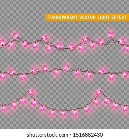 Christmas lights in lilac color heart shape. Decorations design element Christmas glowing lights. Decorative Xmas realistic objects. Holiday decor set of garlands. vector illustration