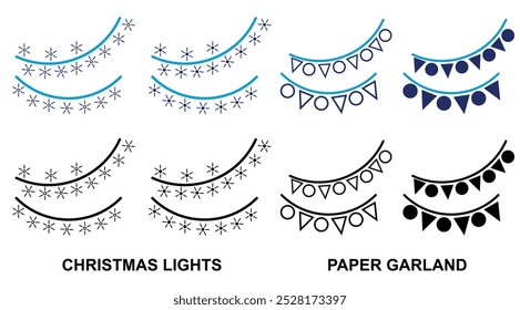 Christmas lights line and Fill web icons set isolated. Colorful Collection of Xmas paper garland icons set. Set of Modern Flat Christmas Icons for Design Projects