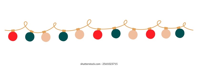 Christmas lights looped garland with colored circle bulbs. Xmas festive long string decoration with hanging retro lightbulb. Glowing lamps for holiday cards, banners, posters, web. Vector illustration