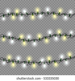 christmas lights luminous garland isolated realistic design elements for xmas holiday greeting card, poster, winter decoration, transparent vector illustration eps10