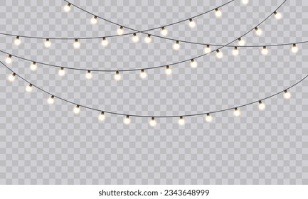 Christmas Lights Magic: Elementos de diseño aislados realistas para tarjetas de felicitación festivas, carteles, afiches y diseño web. Decoraciones de Garland con luces de neón LED.