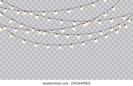 Christmas Lights Magic: Realistic Isolated Design Elements for Festive Greeting Cards, Banners, Posters, and Web Design. Garland Decorations with LED Neon Lamps.