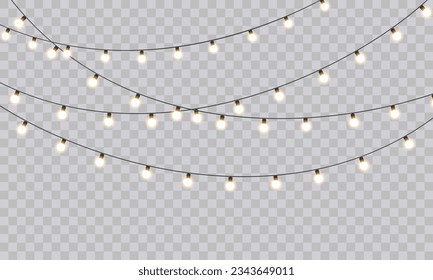 Christmas Lights Magic: Realistic Isolated Design Elements for Festive Greeting Cards, Banners, Posters, and Web Design. Garland Decorations with LED Neon Lamps.