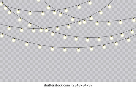 Christmas Lights Magic: Realistic Isolated Design Elements for Festive Greeting Cards, Banners, Posters, and Web Design. Garland Decorations with LED Neon Lamps.