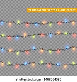 Christmas lights in multi-colored color. Decorations design element Christmas glowing lights. Decorative Xmas realistic objects. Holiday decor set of garlands. vector illustration