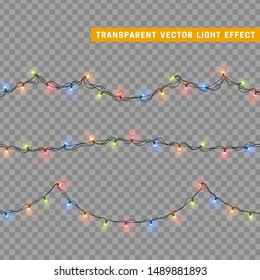 Christmas lights in multi-colored color. Decorations design element Christmas glowing lights. Decorative Xmas realistic objects. Holiday decor set of garlands. vector illustration