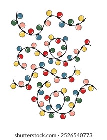 Christmas lights, multicolored garland. Vector illustration isolated on transparent background. Editable stroke.