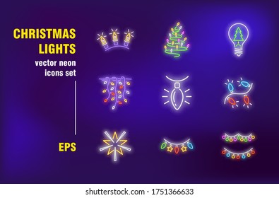 Christmas lights neon signs set. Lightning, decoration and garland. Vector illustrations for bright billboards. Celebration and season holiday concept