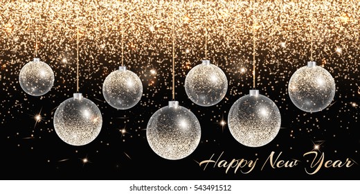 Christmas lights. New Year background with balls. Gold bokeh. Glow vector.