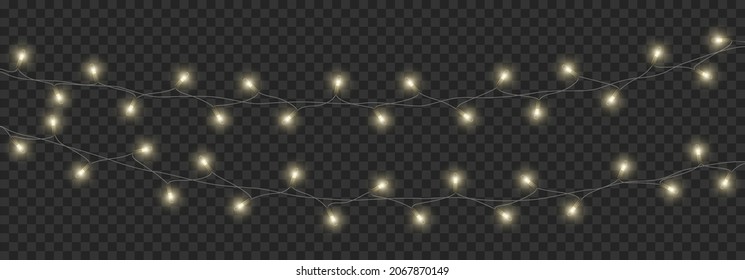 Christmas lights on dark transparent background. Glowing golden garland lights. Led neon lamp. Bright decoration for xmas cards, banners, posters, web design. Realistic vector illustration