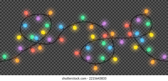 Christmas lights on dark transparent background. Vector string of colorful holiday lights for xmas cards, banners, posters