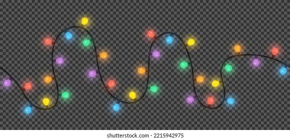 Christmas lights on dark transparent background. Vector string of colorful holiday lights for xmas cards, banners, posters