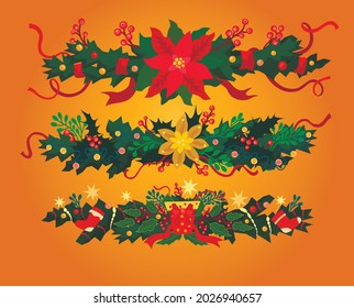 Christmas lights on a golden background. Christmas tree, poinsettias, ornaments, bows, cones, eucalyptus Christmas Eve mood, holidays.  Merry Christmas, Happi New year. Vector flat 