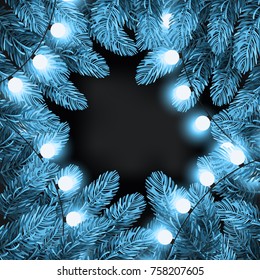 Christmas lights on pine branches. Garland lights decorations and spruce fir tree. Winter Holiday xmas mock-up and backdrop. Christmas tree branches frame