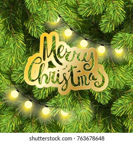 Christmas lights on pine branches. Garland lights decorations and spruce fir tree. Winter Holiday xmas  backdrop. Christmas tree branches card template