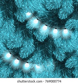 Christmas lights on pine branches. Garland lights decorations, spruce fir tree. Winter holiday xmas backdrop. 