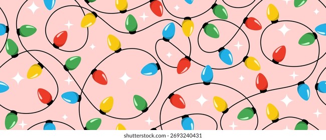 Christmas lights on red background for banner 