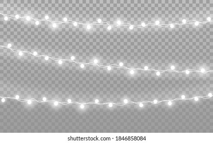 Christmas lights on transparent backdrop. Realistic silver garlands. Luminous light bulbs for greeting card or poster. Bright glowing elements. Vector illustration.