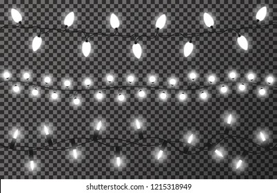 Christmas Lights On Transparent Background. White, Bright And Glowing Christmas Garland. New Year Decoration, Hanging Lamps. Vector