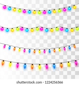 Christmas lights on transparent background. Garlands with colored bulbs. Xmas and New Year greeting card design elemets. Vector illustration