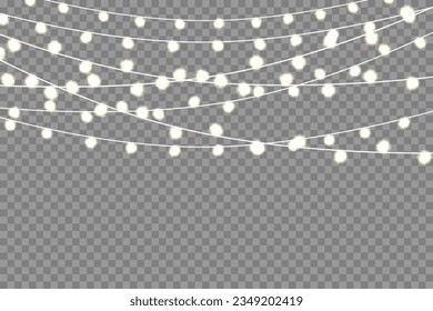 La Navidad se ilumina con un fondo transparente. Mariscos realistas, bombillas brillantes. Ilustración vectorial.