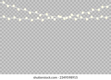  Christmas lights on a transparent background. Realistic garland, glowing light bulbs. Vector illustration.