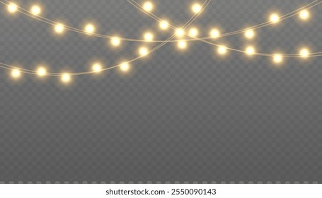 Christmas lights on a transparent background. Christmas light PNG. Decorative element for greeting cards, invitations, backgrounds, business cards. Vector illustration EPS10