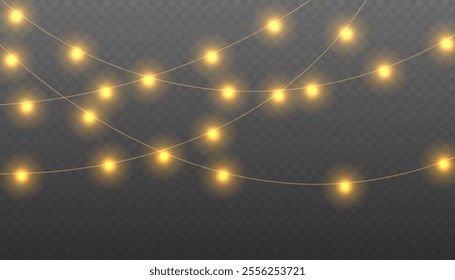 Christmas lights on a transparent background. Decorative element for greeting cards, invitations, backgrounds, business cards. Christmas light PNG. Vector illustration EPS10