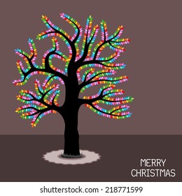 Christmas Lights on Tree - An illustration of a bare tree illuminated with colorful Christmas lights at night. Custom handwritten Christmas message.