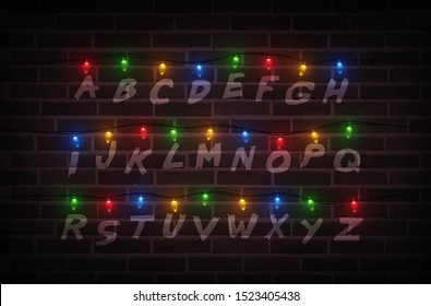 Christmas lights on wall. Light font. Garlands. Vector Illustration