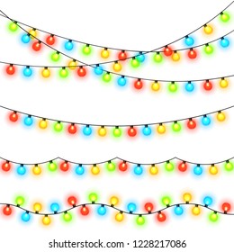 Christmas lights on white background. Garlands with colored bulbs. Xmas and New Year greeting card elemets. Vector illustration