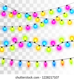 Christmas lights on white background. Garlands with colored bulbs. Xmas and New Year greeting card elemets. Vector illustration