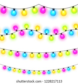 Christmas lights on white background. Garlands with colored bulbs. Xmas and New Year greeting card elemets. Vector illustration