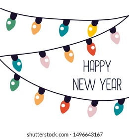 Christmas lights on white background, wishing Happy New Year, greeting card in hand drawn Scandinavian style,  vector illustration.