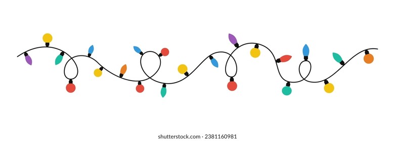 Christmas lights on a white background. Garlands with colored bulbs. Vector illustration. Happy New Year decoration