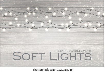 Christmas Lights on Wood Texture. Soft Winter Background. Vector illustration